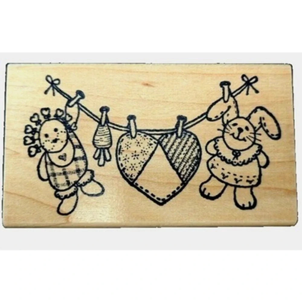 Azadi Earles Country Heart Bunny Clothesline G142 Rubber Stamp Wood #A5